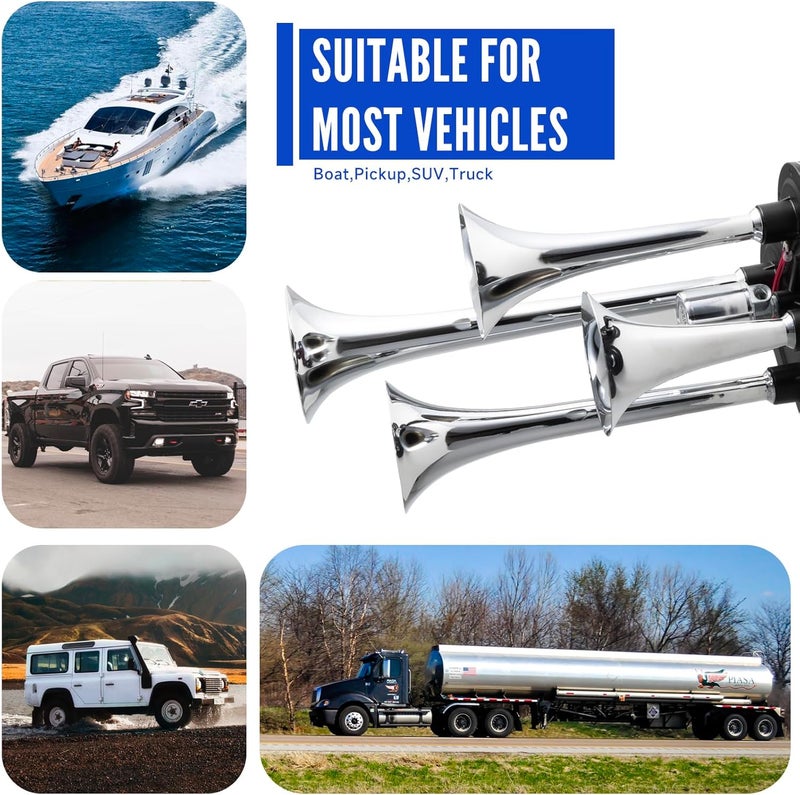 FARBIN Truck Air Horn 178DB 4 Trumpet Train Horn 12V/24V Car Horn for Trucks Super Loud Air Horns with Electric Solenoid Universal for Truck Car Pickup Jeep SUV Train Boat Silver(Silver 4-tube 12/24V) - Image 2